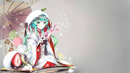 anime, anime girls, Hatsune Miku, Vocaloid, kimono, Yuki Miku, Sfondo HD HD wallpaper