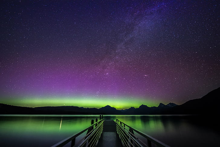 empty dock surrounded with calm body of water under purple and black sky, lake mcdonald, montana, lake mcdonald, montana, Northern Lights, Milky Way, Lake McDonald, McDonald, Glacier, Glacier National Park, Montana, empty, dock, calm, body of water, purple, black sky, McDonald  Glacier, night photography, night sky, aurora borealis, silhouette, alone, lake  solitude, contemplation, star - Space, night, galaxy, astronomy, lake, nature, sky, landscape, mountain, constellation, blue, space, HD wallpaper