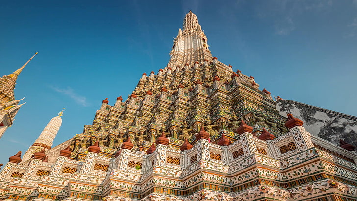 building, buddhism, asia, thailand, bangkok, ancient history, tourism, buddhist temple, buddhist, landmark, spire, place of worship, sky, wat arun, tourist attraction, hindu temple, temple, historic site, HD wallpaper