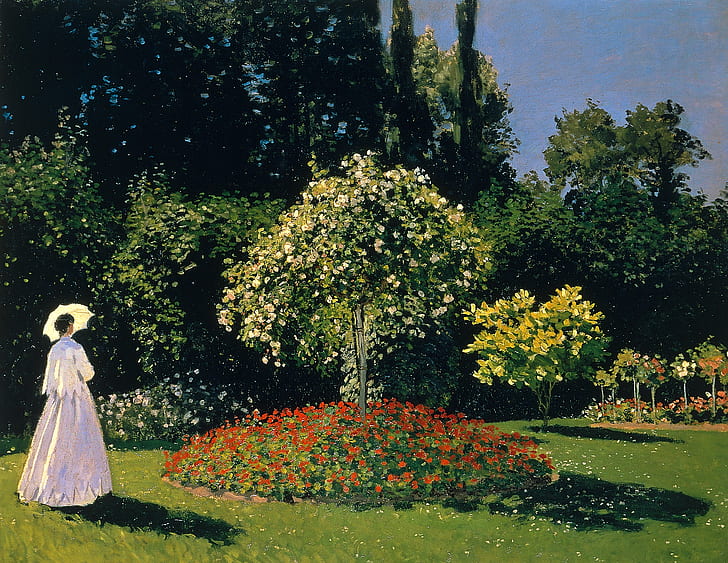 деревья, пейзаж, картина, зонт, клумба, Клод Моне, Жанна-Маргарита Лекарда в саду, Леди в саду, HD обои
