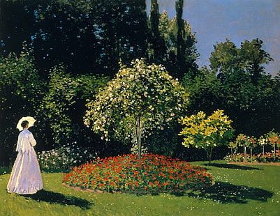 árboles, paisaje, imagen, paraguas, macizo de flores, Claude Monet, Jeanne-Marguerite Lecarde en el jardín, Lady in the Garden, Fondo de pantalla HD HD wallpaper