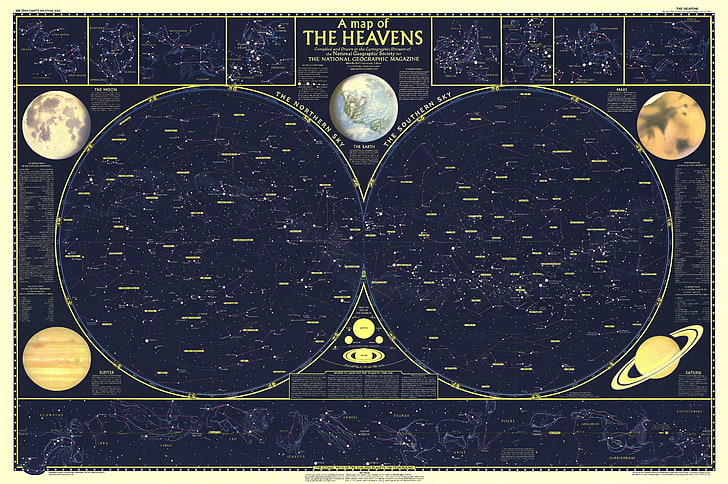 przestrzeń, gwiazdy, mapa, 1957, Heavens, Zodiacs, Tapety HD