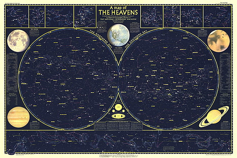 космос, звезди, карта, 1957 г., небесата, зодиаците, HD тапет HD wallpaper