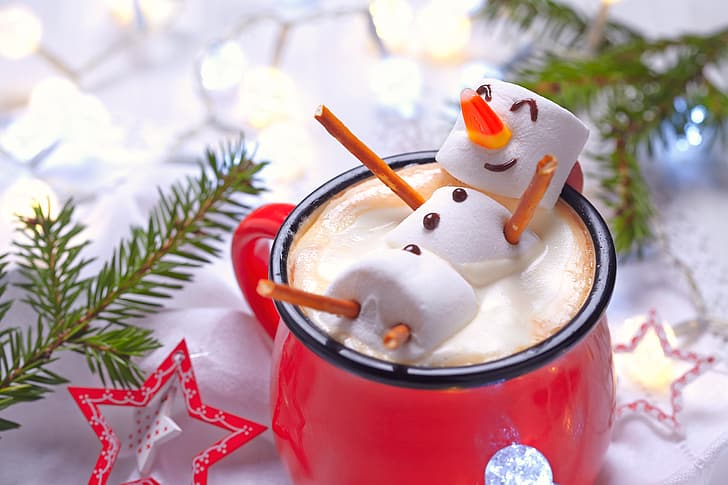 dekorasi, pohon, Tahun Baru, Natal, Piala, manusia salju, Selamat Natal, Xmas, coklat, perayaan liburan, marshmallow, marshmallow, Wallpaper HD