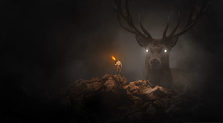 Artistic, Fantasy, Buck, Deer, Fire, Giant, Hunter, Man, Torch, HD wallpaper