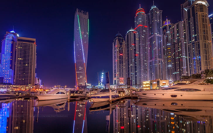دبي ، الإمارات العربية المتحدة ، مدينة والهندسة المعمارية ، مارينا ليلي ، انعكاس ليلي ، ورق حائط فائق الدقة لسطح المكتب للهواتف المحمولة وأجهزة الكمبيوتر المحمولة 3840 × 2400، خلفية HD