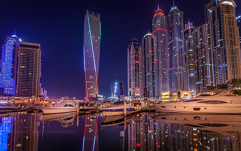 Дубай Объединенные Арабские Эмираты Город и Архитектура Marina Night Reflection Ultra Hd Обои для рабочего стола Мобильные телефоны и ноутбуки 3840 × 2400, HD обои HD wallpaper