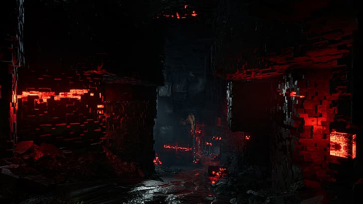 Gardiens de la Galaxie (Jeu), Image de synthèse, capture d'écran, grotte, mine, lumière rouge, surréaliste, cubique, Fond d'écran HD