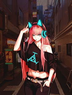 Zero Two (Darling in the FranXX), neon, jalan, Tokyo, malam, headphone, Wallpaper HD HD wallpaper