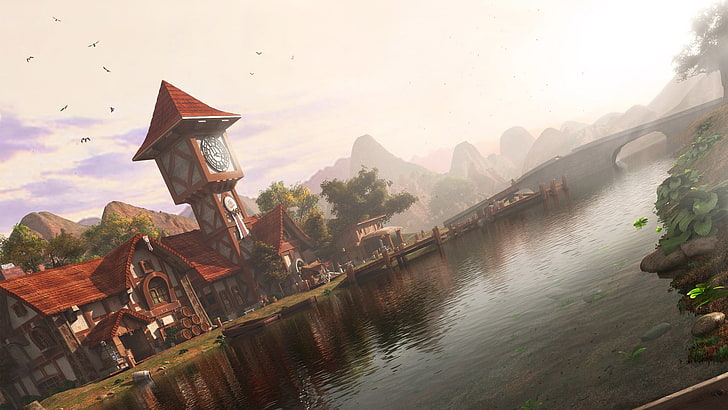 cartoon movie still, red and white house near river painting, Lakeshire, video games, fantasy art, HD wallpaper