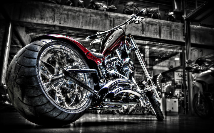 sepeda cruiser abu-abu dan merah, sepeda motor, chrome, sepeda, custom, harley, Wallpaper HD