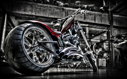 bicicletta cruiser grigia e rossa, moto, cromo, bici, custom, harley, Sfondo HD HD wallpaper