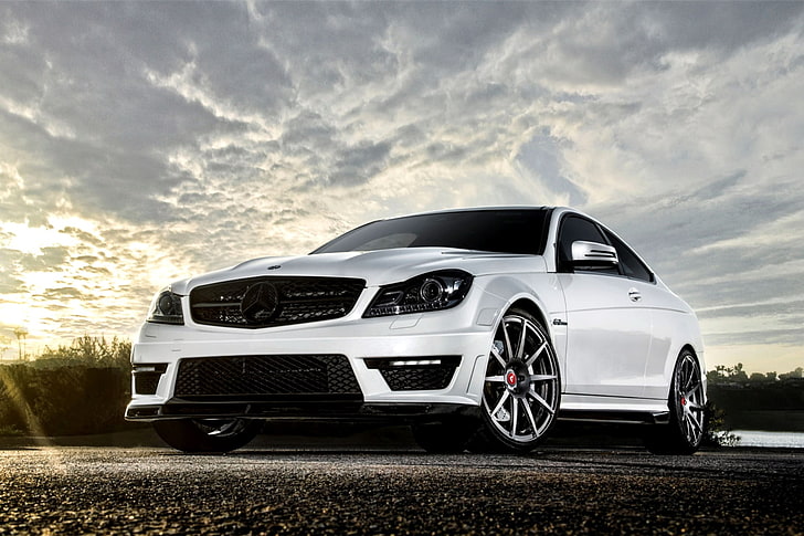 white Mercedes-Benz C-Class coupe, White, Machine, Tuning, Mercedes, Desktop, Benz, Car, 2012, Beautiful, Vorsteiner, AMG, Coupe, Wallpapers, New, ц63, C63, Wallpaper, Benzo, HD wallpaper