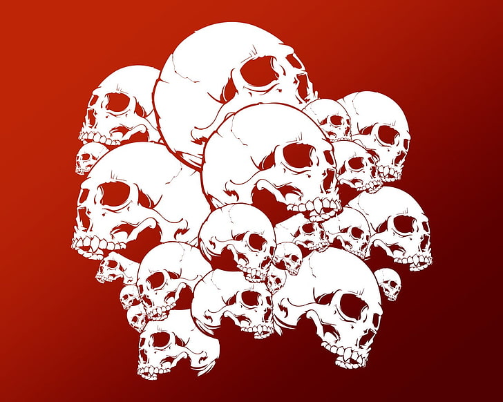 ilustracja biało-czerwonych czaszek, czaszka, sztuka cyfrowa, czerwone tło, Tapety HD