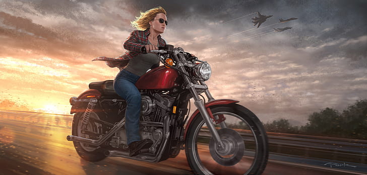 Movie, Captain Marvel, Blonde, Brie Larson, Motorcycle, HD wallpaper