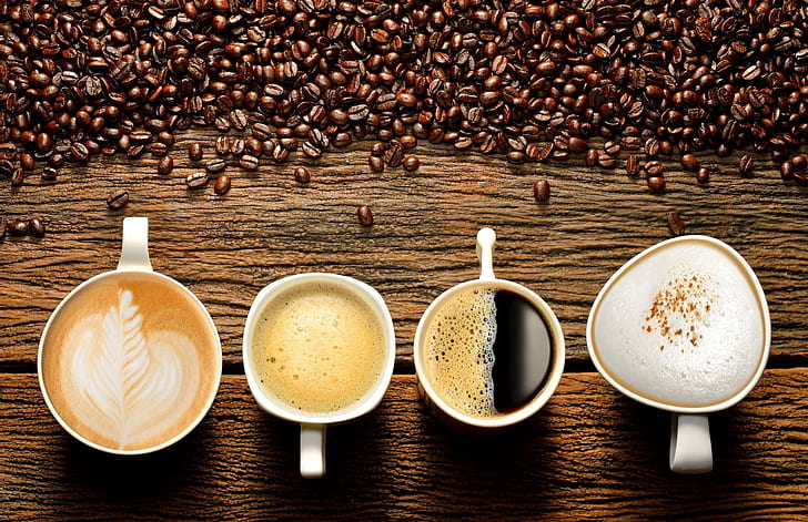 sfondo, tavola, caffè, coppa, bibite, immagine, cappuccino, chicchi di caffè, schiuma, diversità, latte, caffè espresso, noi, Sfondo HD