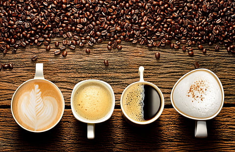 bakgrund, styrelse, kaffe, kopp, drycker, bild, cappuccino, kaffebönor, skum, mångfald, latte, espresso, oss, HD tapet HD wallpaper