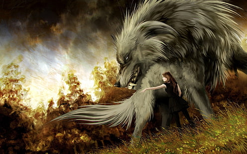 Фэнтези животные, волк, зверь, девушка, HD обои HD wallpaper