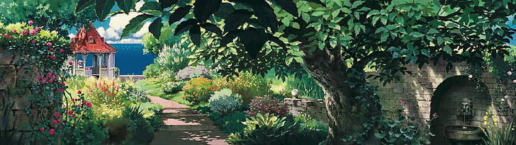 ilustracja zielonych drzew liściastych, Studio Ghibli, Porco Rosso, wystawa wielokrotna, ogród, altana, ścieżka, Tapety HD