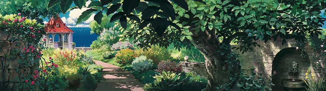 green leafed trees illustration, Studio Ghibli, Porco Rosso, multiple display, garden, gazebo, path, HD wallpaper HD wallpaper