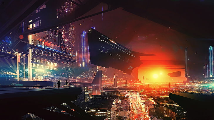 schwarzes und rotes Auto, Grafik, futuristische Stadt, Science-Fiction, digitale Kunst, Konzeptkunst, Stadtbild, futuristisch, Sonnenuntergang, CGI, Cyberpunk, Fankunst, HD-Hintergrundbild