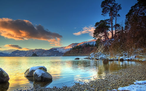 nature paysage coucher de soleil lac rocher, Fond d'écran HD HD wallpaper