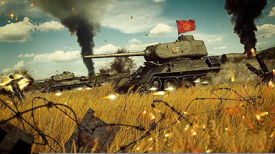 Fondo de pantalla digital de tanque militar gris, guerra, ataque, pancarta, El ejército rojo, T-34-85, Tanque mediano soviético durante la Segunda Guerra Mundial, Fondo de pantalla HD HD wallpaper