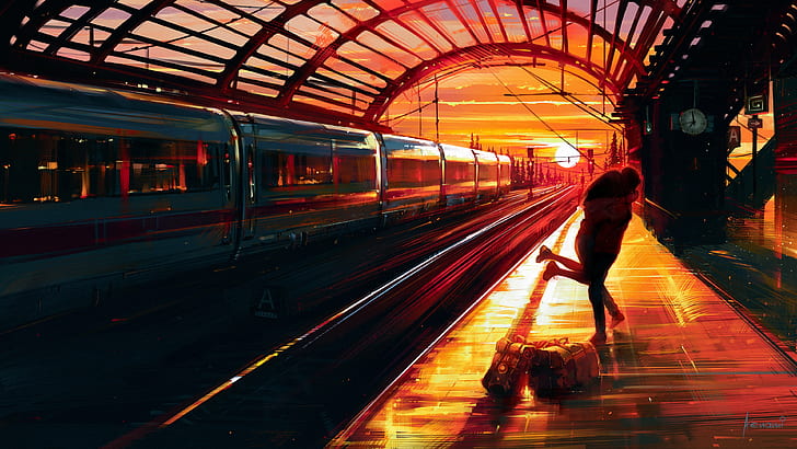 Aenami, Frauen, Bahnhof, Sonnenuntergang, Malerei, Zug, Grafik, HD-Hintergrundbild