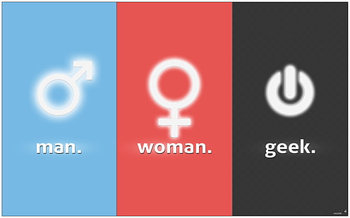 pria, wanita, teks geek dengan wallpaper latar belakang biru, merah, dan hitam, pria, geek, wanita, Wallpaper HD HD wallpaper