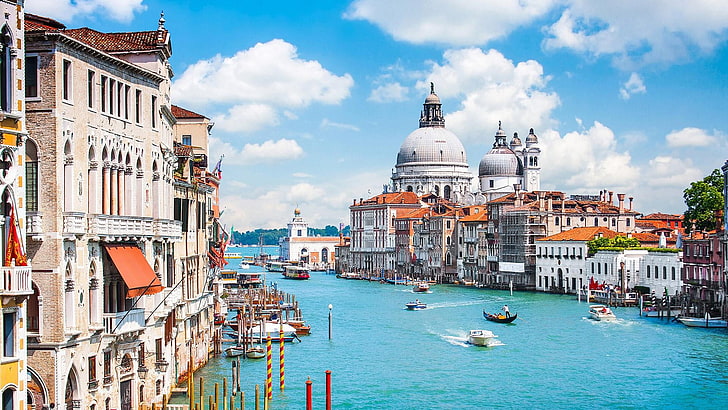 ヴェネツィア、イタリア、サンタマリアデッラサルー​​テ、運河、ゴンドラ、ゴンドラ、大運河、ヨーロッパ、eu、晴れた日、日光、昼間、 HDデスクトップの壁紙