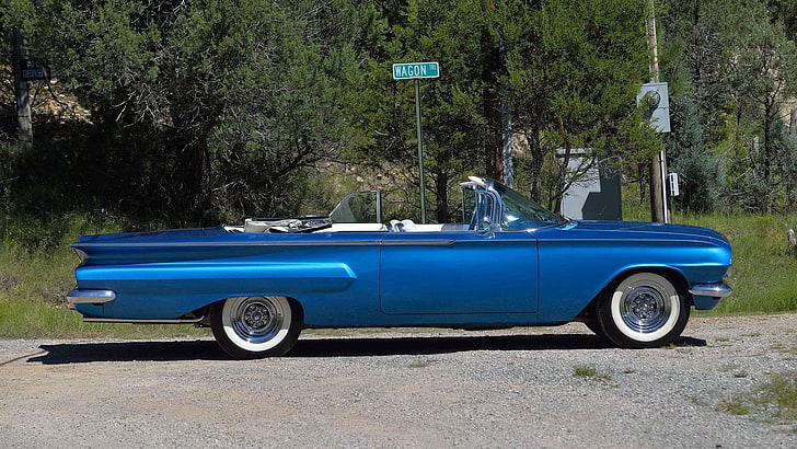 1960, biru, mobil, chevrolet, klasik, convertible, impala, Wallpaper HD