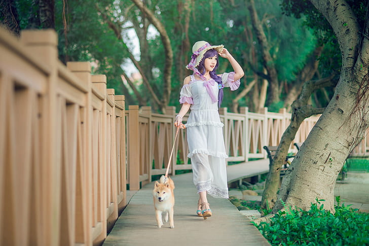 greens, summer, look, girl, trees, pose, style, Park, background, mood, trunks, street, the fence, dog, hat, hands, shoes, puppy, wooden, leash, image, braid, walk, Asian, white dress, runs, is, columns, purple hair, pet, Shiba inu, the lady with the dog, Shiba, HD wallpaper