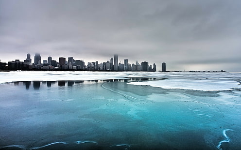 город, лед, городской пейзаж, чикаго, зима, HD обои HD wallpaper