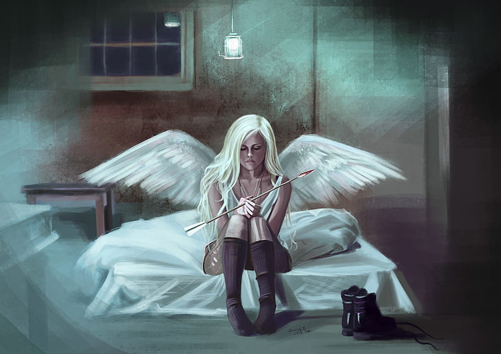 female angel sitting on mattress illustration, artwork, fantasy art, angel, Give Me Love, Ed Sheeran, arrows, HD wallpaper
