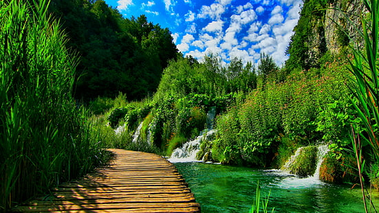 Водопад, планина, долина, река, природа, 2560x1440, 4k снимка, HD тапет HD wallpaper
