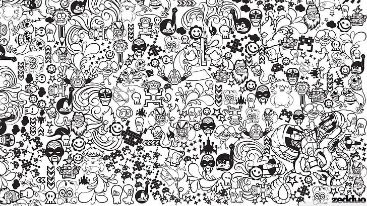 preto e branco anime ilustração, desenho, doodle, HD papel de parede