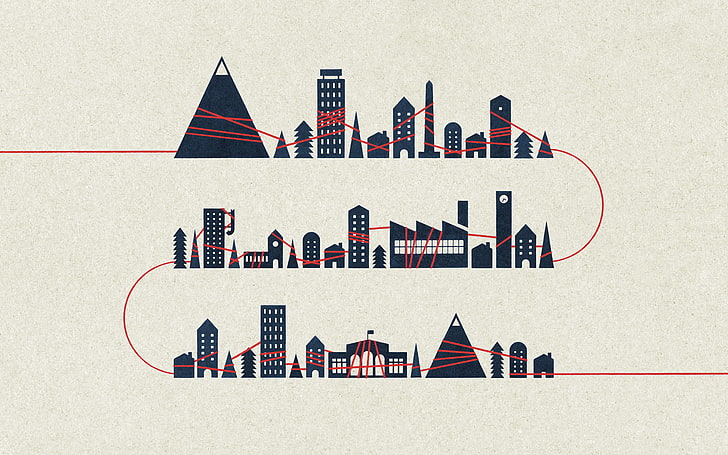 city with red wire illustration, trees, mountains, creative, background, Wallpaper, home, minimalism, art, picture, thread, HD wallpaper