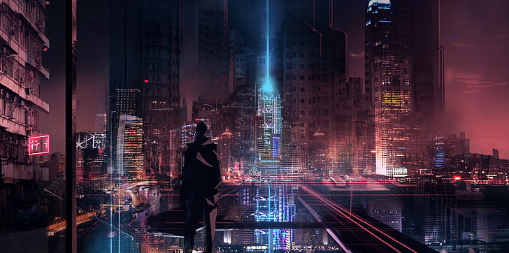 manzarası dijital duvar kağıdı, cyber, cyberpunk, fütüristik, fütüristik şehir, gökdelen, siluet, parlayan görüntüleme üzerinde platformda duran adam, HD masaüstü duvar kağıdı