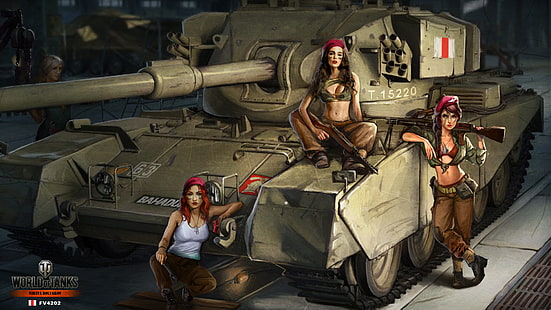tres mujeres y tanque de batalla gris, niñas, figura, arte, hangar, tanque, británico, la tripulación, promedio, World of Tanks, Nikita Bolyakov, FV-4202, Fondo de pantalla HD HD wallpaper
