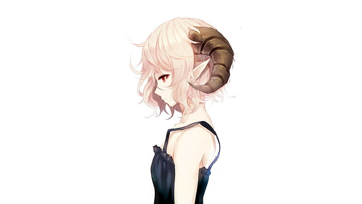 gadis anime, tanduk, latar belakang putih, telinga runcing, mata merah, Wallpaper HD