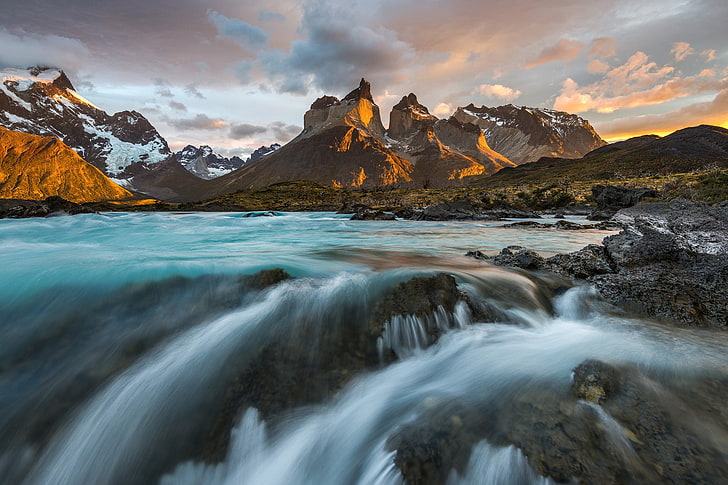 river, morning, Chile, South America, Patagonia, the Andes mountains, national Park Torres del Paine, HD wallpaper