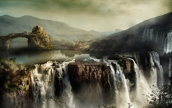 bruna vattenfall, natur, landskap, vattenfall, vatten, fantasikonst, HD tapet
