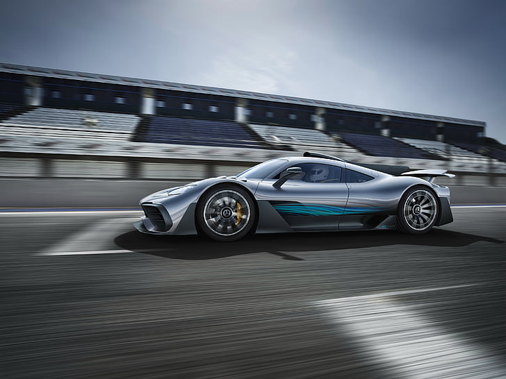 концепт серебряного суперкара на гоночной трассе, Mercedes-AMG Project One, Racing, Франкфуртский автосалон, 2017, 4K, HD обои