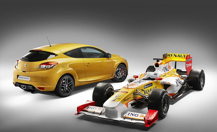 Formula 1 Renault Megane RS, yellow and white race car, Sports, Formula 1, Renault, Formula, Megane, HD wallpaper