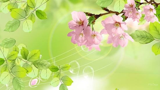 Sakura Spring, spring, soft, cherry blossoms, sakura, fresh, leaves, green, 3d and abstract, Fond d'écran HD HD wallpaper