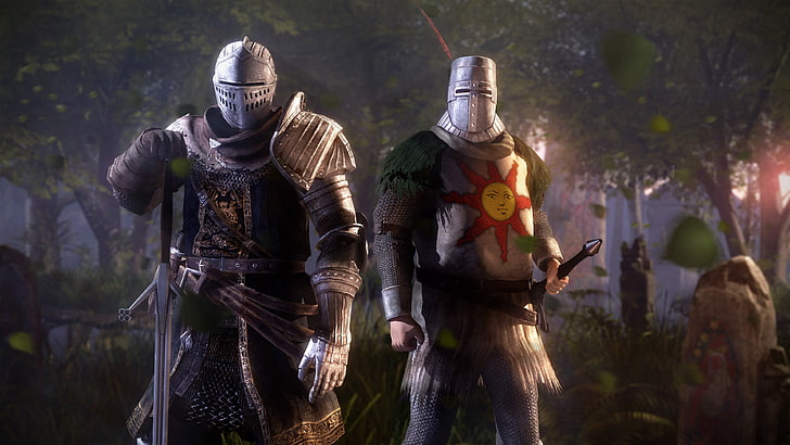 papel de parede de dois cavaleiros, homem usando cota de malha com personagem 2D de espada larga, Solaire of Astora, Dark Souls II, videogame, Dark Souls, HD papel de parede