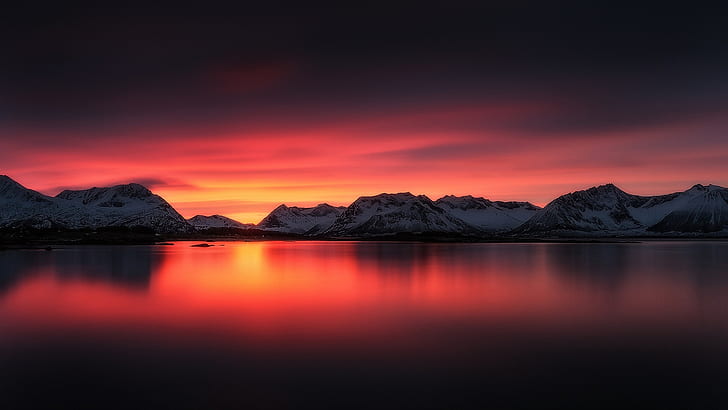 美しい日没の風景、湖、赤い空、山、雪、美しい、日没、風景、湖、赤、空、山、雪、 HDデスクトップの壁紙
