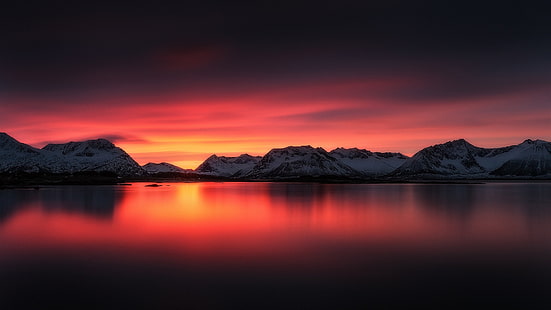 Bellissimo paesaggio al tramonto, lago, cielo rosso, montagne, neve, bello, tramonto, paesaggio, lago, rosso, cielo, montagne, neve, Sfondo HD HD wallpaper