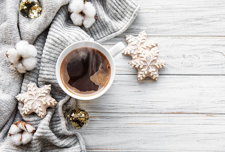 neve, decorazione, Natale, tazza, capodanno, vintage, inverno, tazza, maglione, caffè, biscotti, accogliente, una tazza di caffè, Sfondo HD