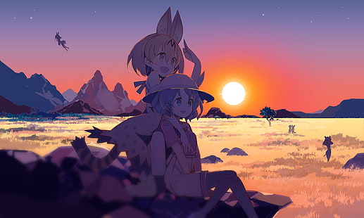 anime, chicas anime, orejas de animales, Kemono Friends, puesta de sol, Fondo de pantalla HD HD wallpaper